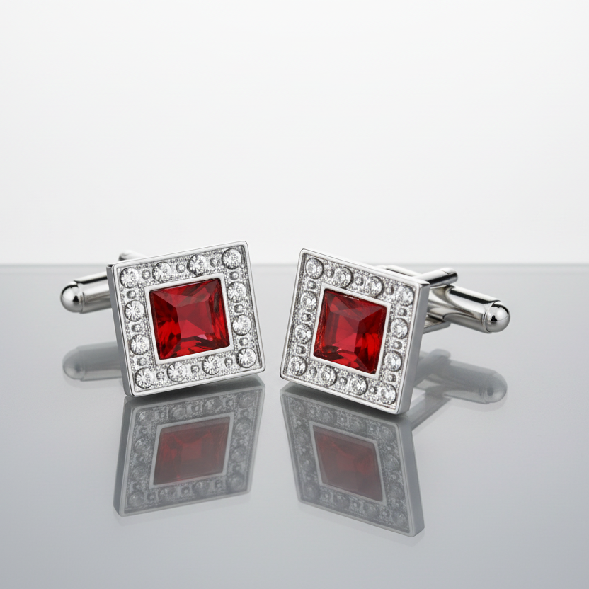 Silver cufflinks with red square stones on a gray background