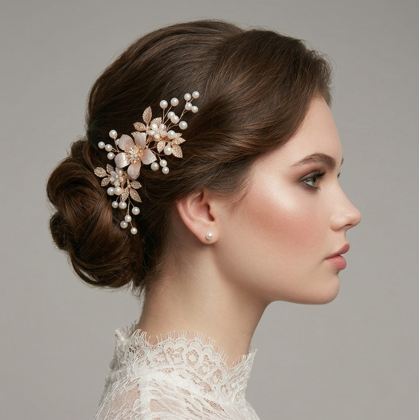 Champagne Rose Gold Pearl & Rhinestone Hair Clip