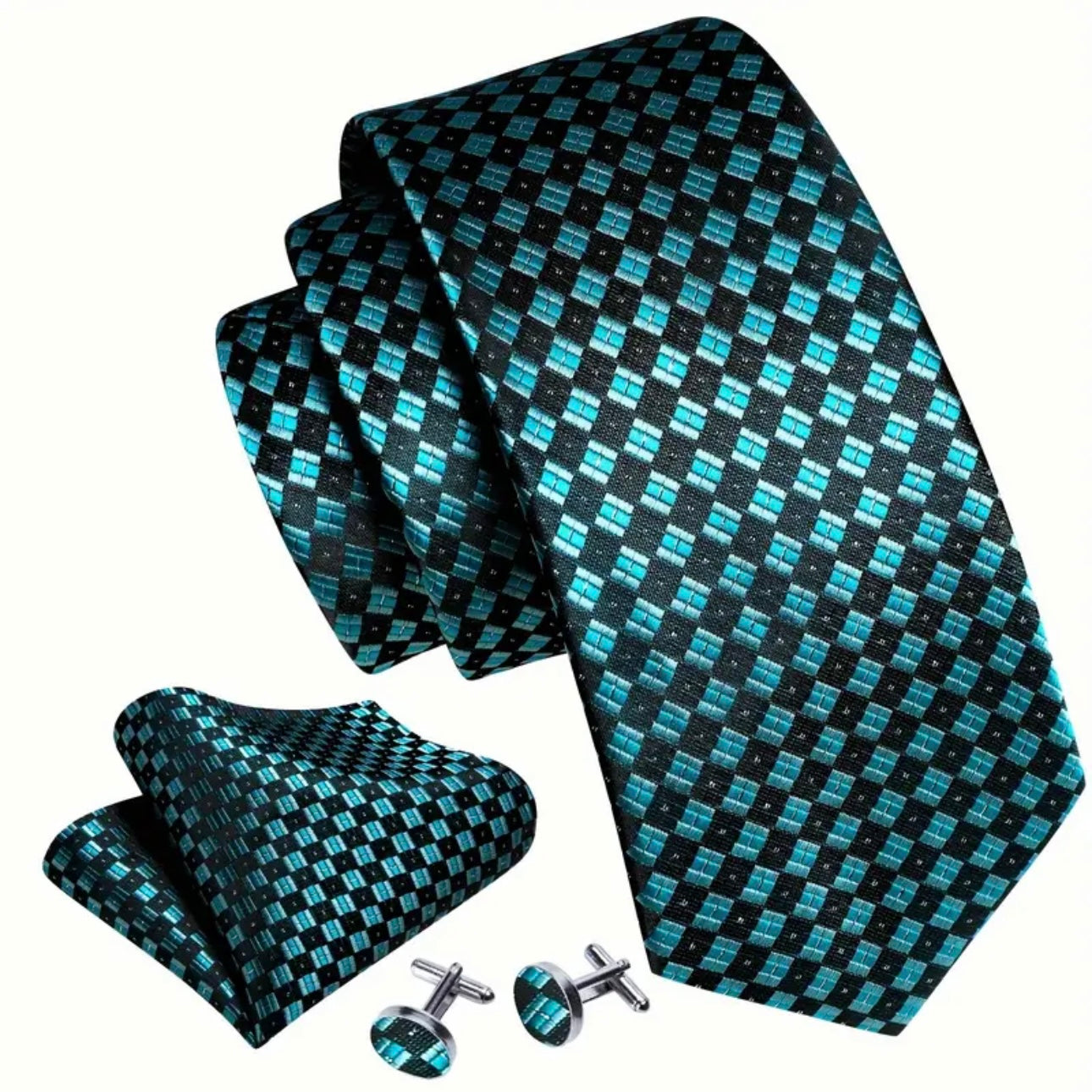 Blue Teal Silver Necktie Set