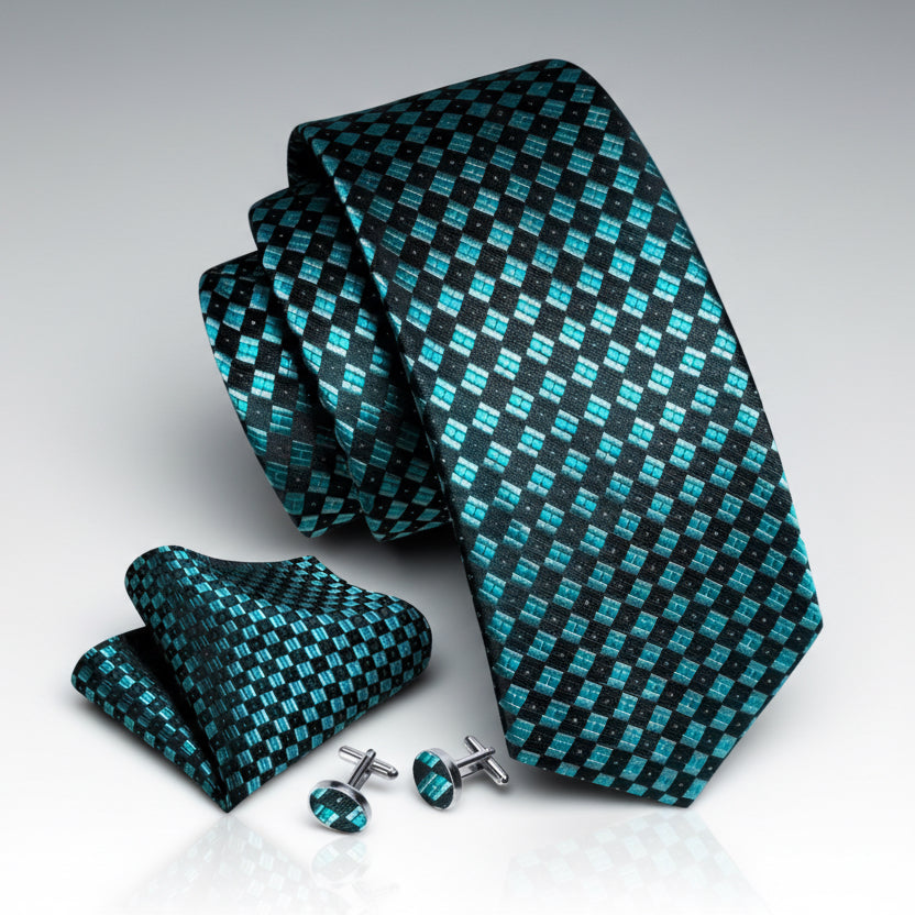 Teal Grids Necktie Set