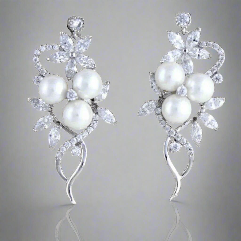 Pearl Rhinestone Rose Gold Flower Earrings