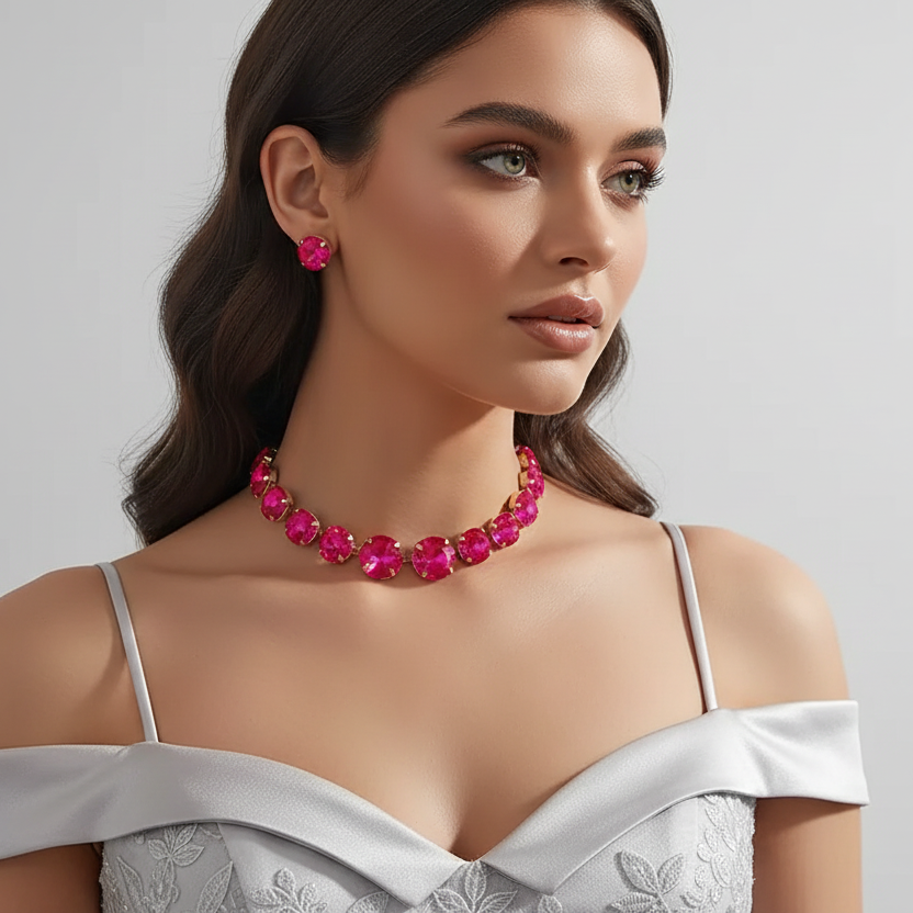 Woman wearing a pink necklace and earrings on a gray background