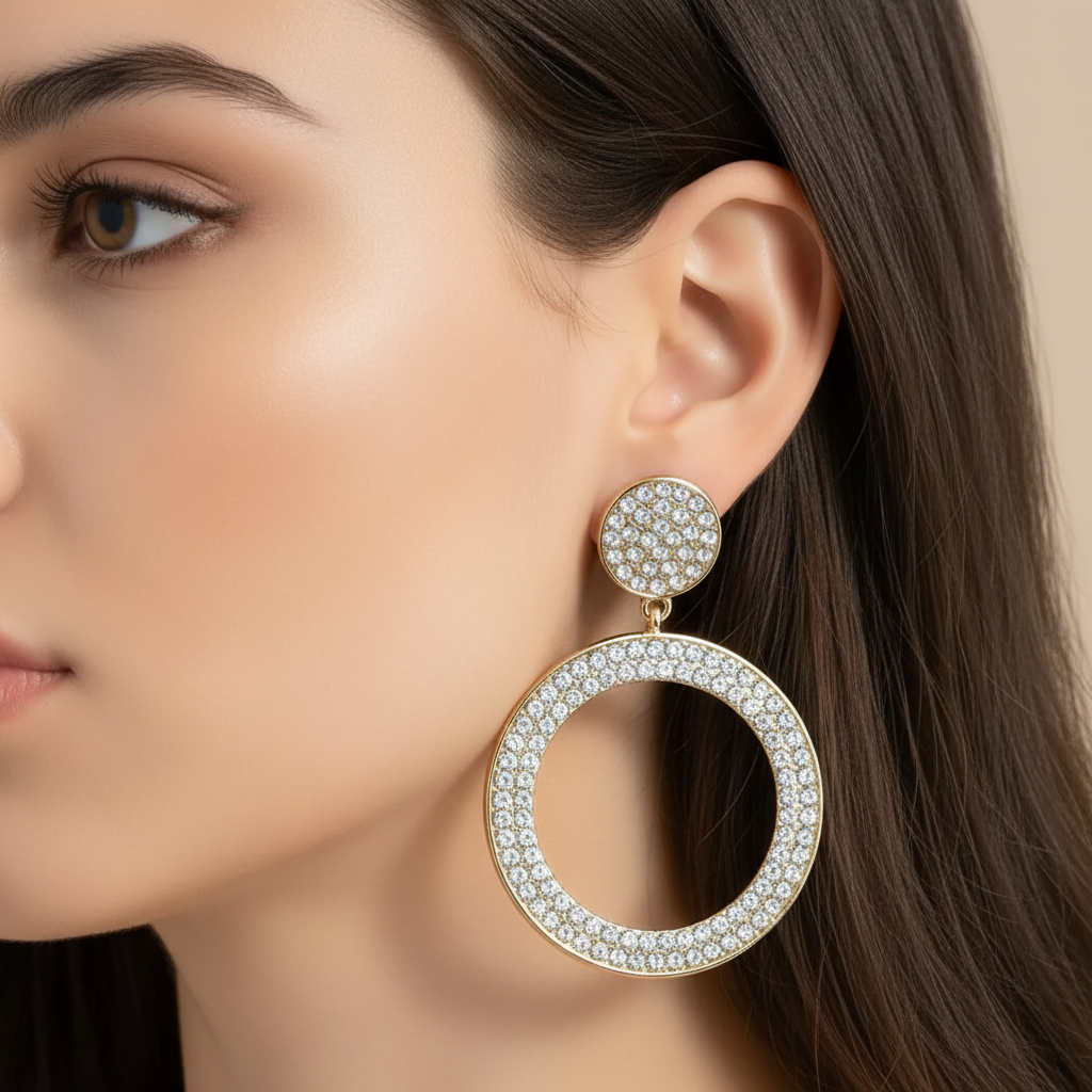 Close-up of a woman wearing a gold and diamond earring against a neutral background