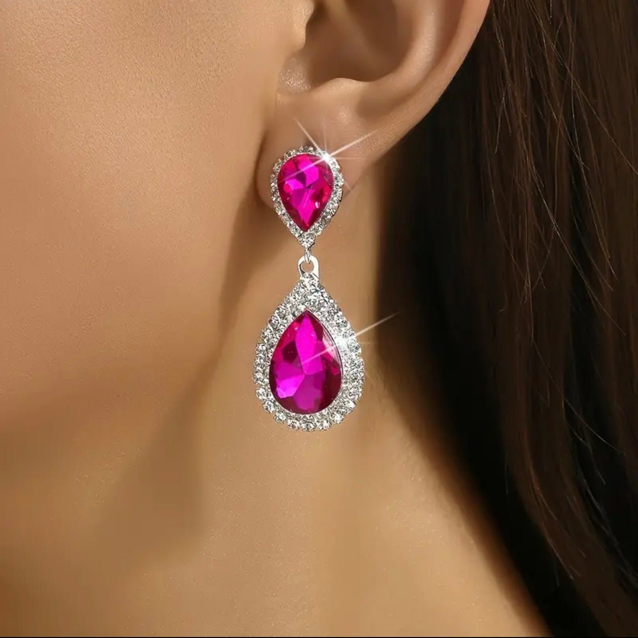 Pink Clear Silver Earrings