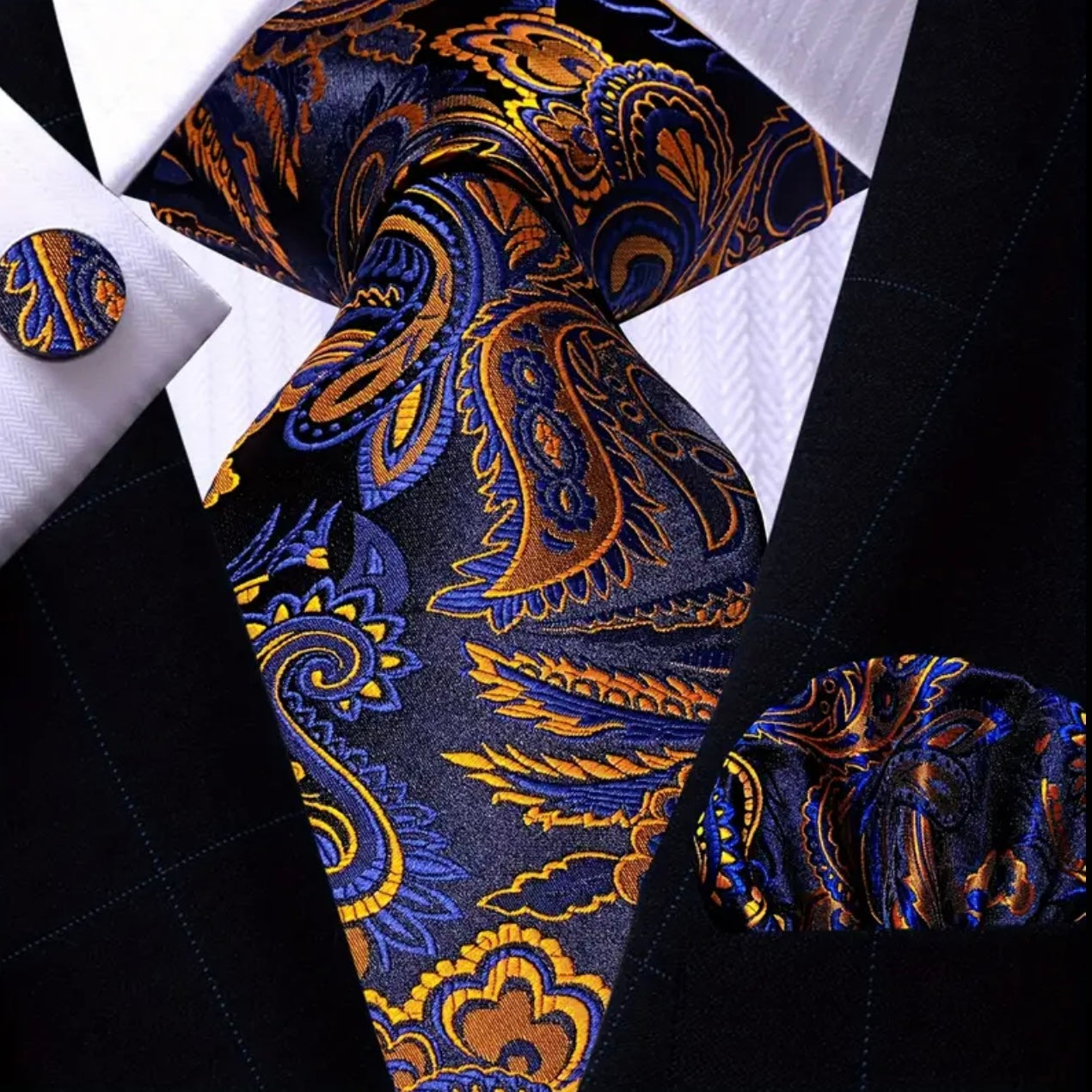 Orange Blue Floral Necktie Set