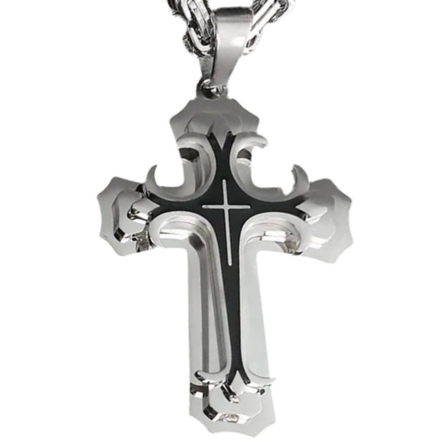 Silver Black Cross Steel Necklace