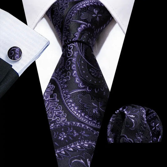 Purple Black Paisley Necktie Set