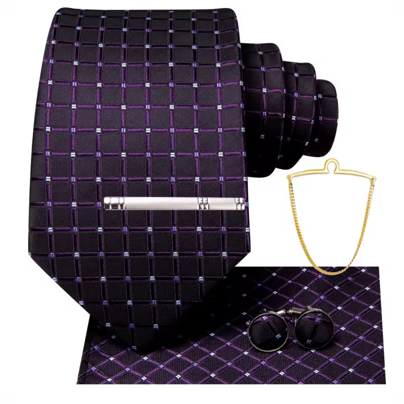Purple Tartan Long Necktie & Bonus Accessories Set