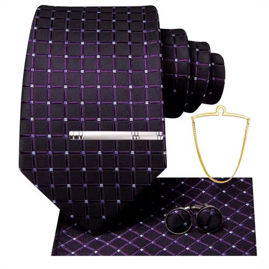 Purple Tartan Long Necktie & Bonus Accessories Set