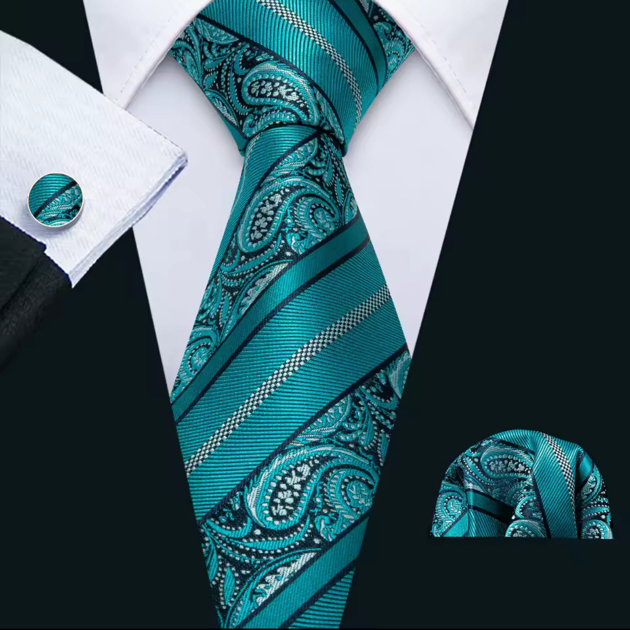 Teal Paisley Stripe Necktie Set