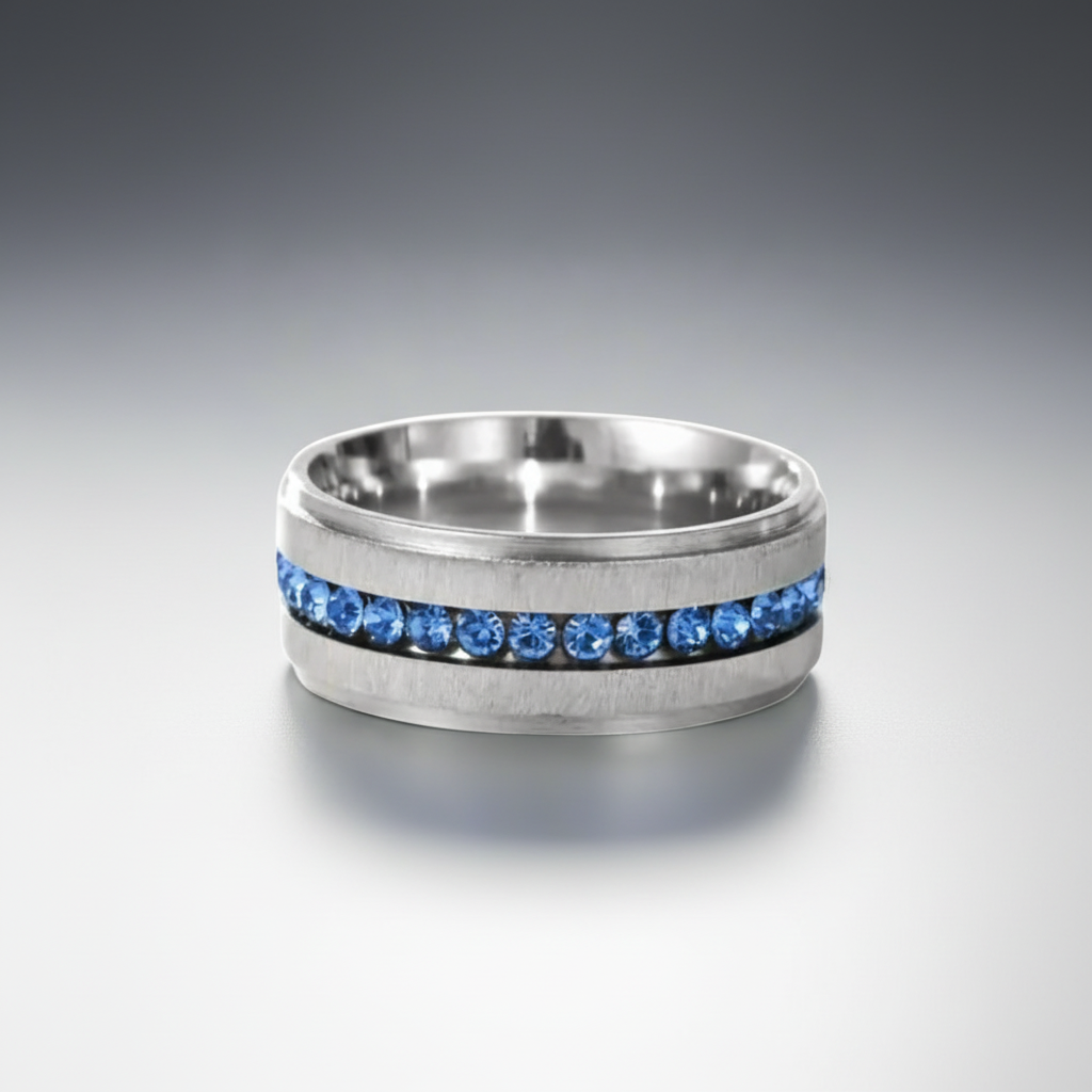Blue Line Rhinestone Steel Ring