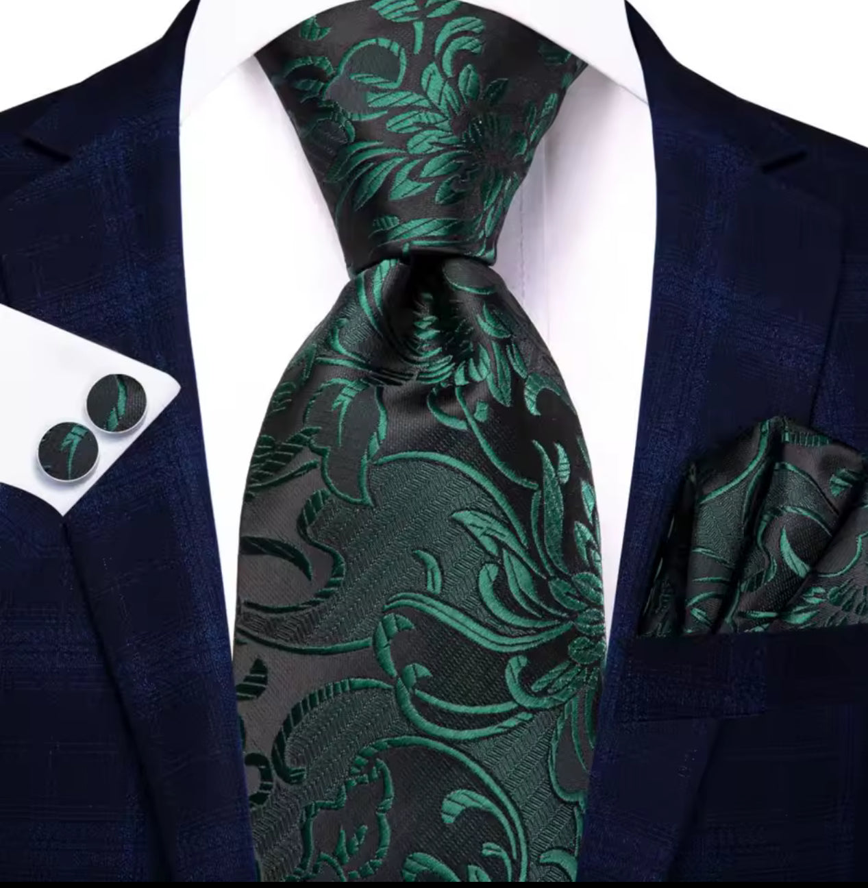 Green Floral Long Necktie & Bonus Accessories Set