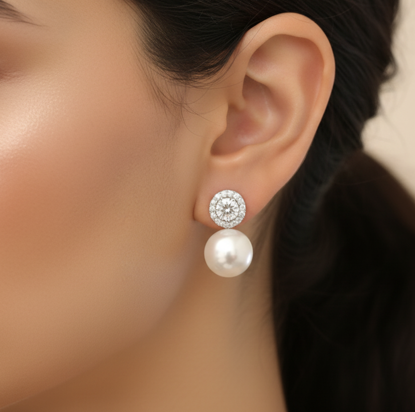 Pearl earring with silver clasp worn on an ear against a neutral background