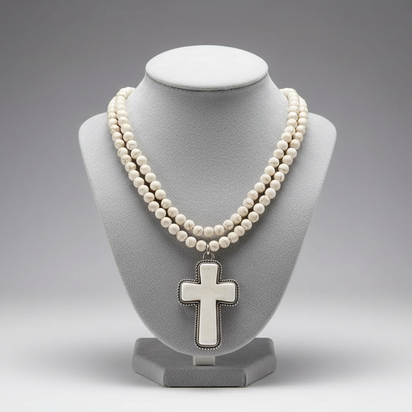 Turquoise Heart Cross Pendant Long Beaded Necklace