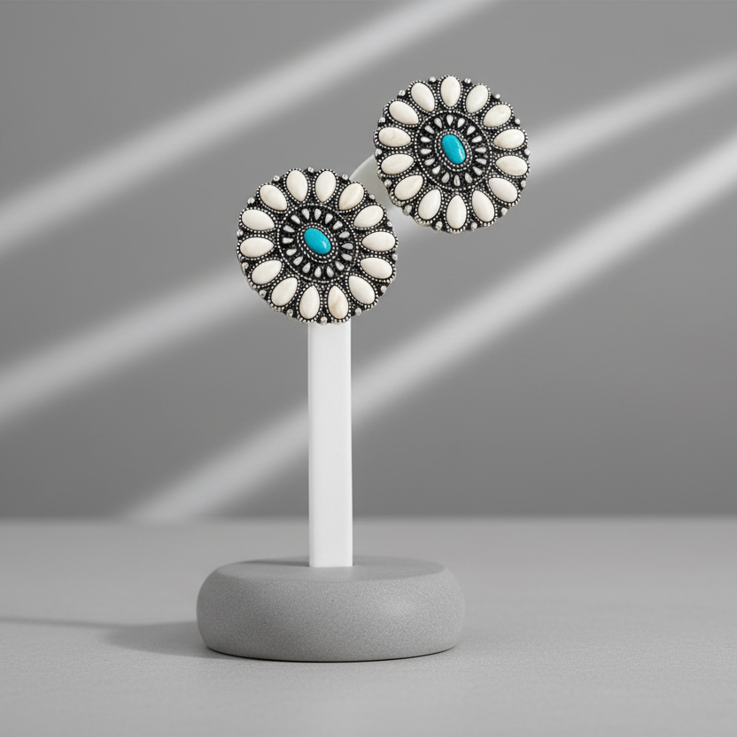 Pair of floral earrings with turquoise centers on a gray stand against a gray background