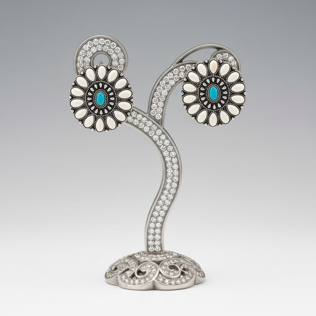 Floral earrings with turquoise centers on a gray background