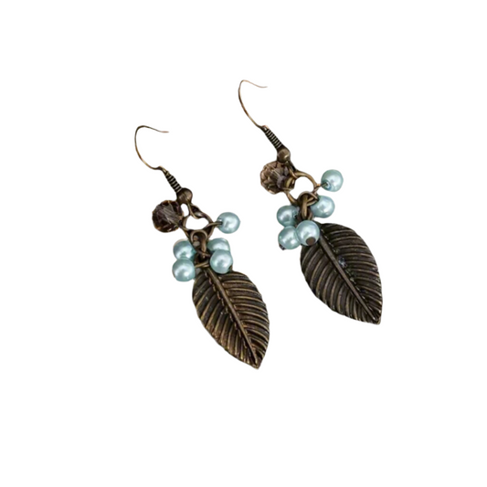 Bronze Leaf Pearl Dangle Earrings