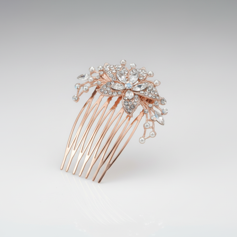 Rose gold hair comb with decorative elements on a light gray background