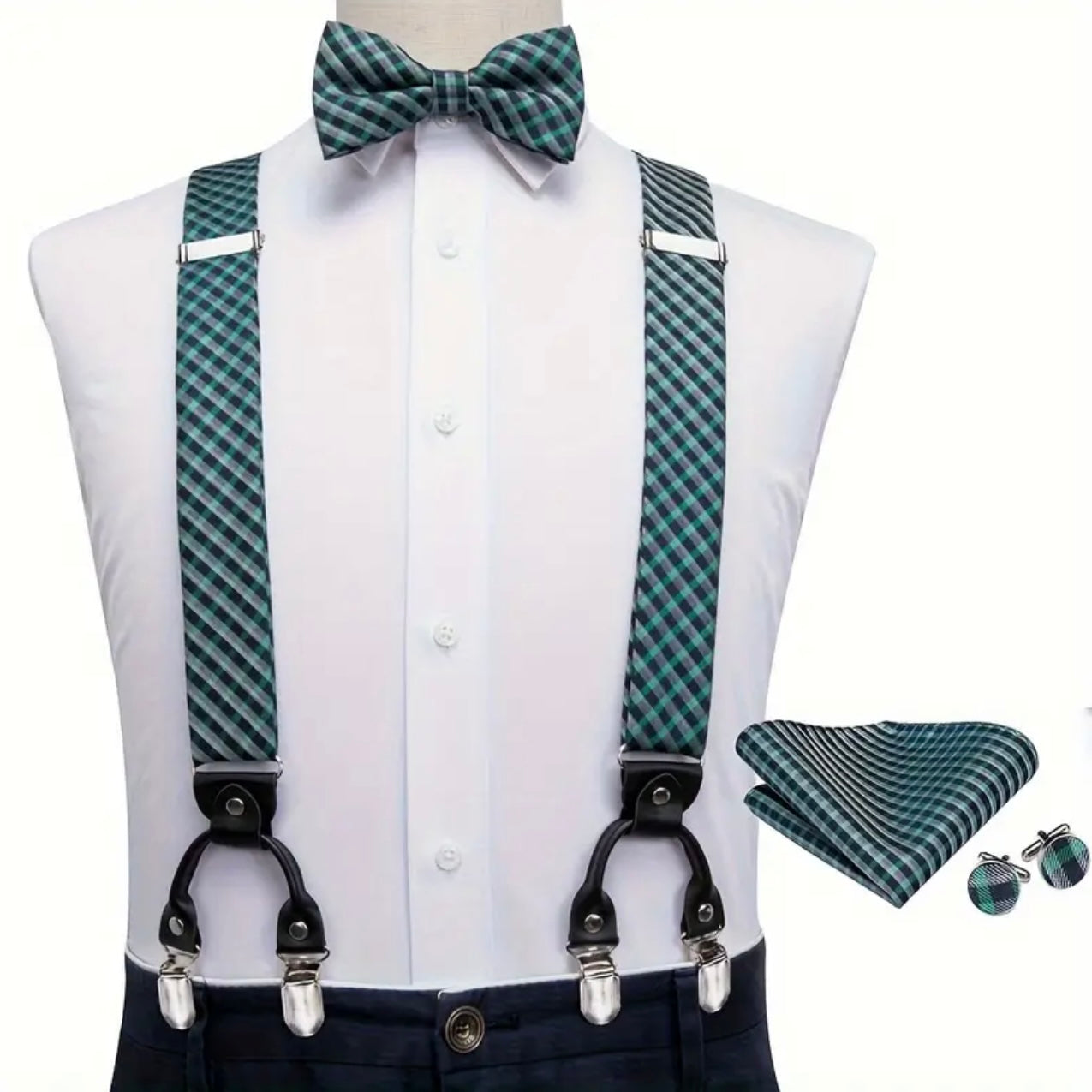 Green Plaid Suspenders Bowtie Set