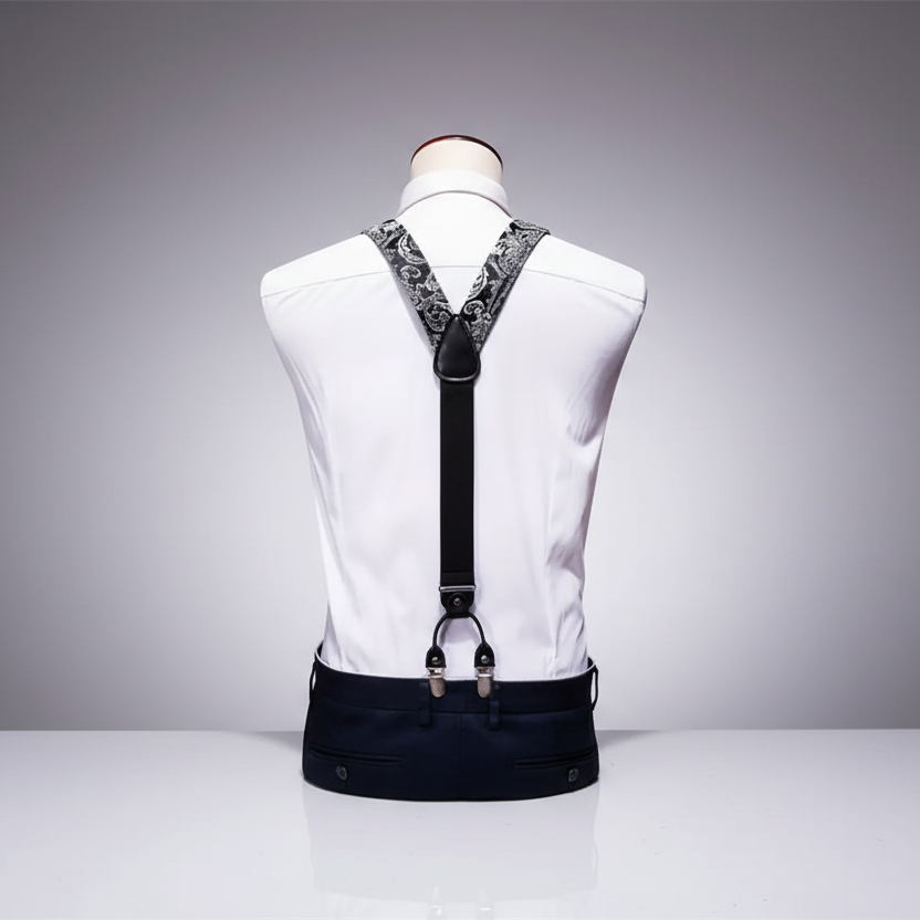 Silver Black Suspenders & Bow Tie Set