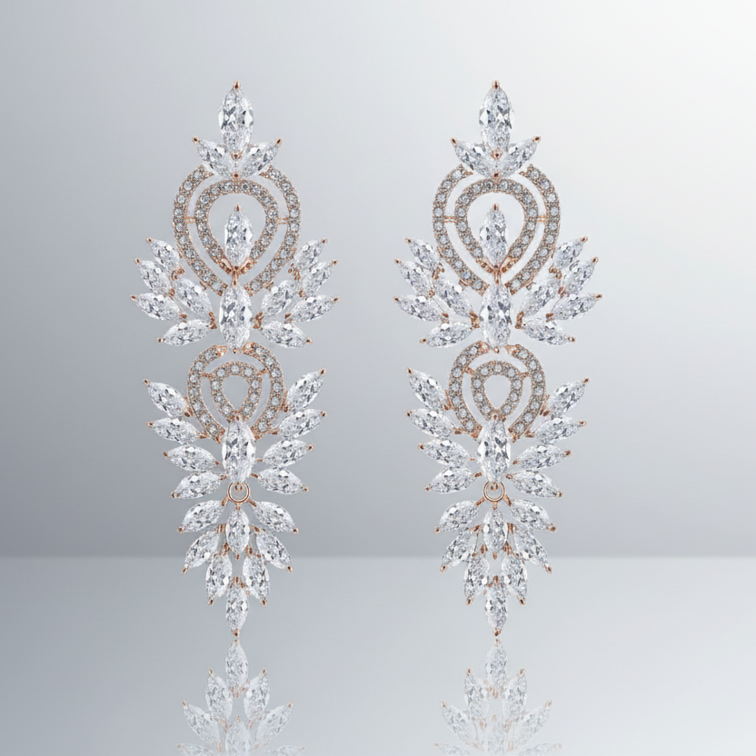 Pair of elegant diamond earrings on a light gray background