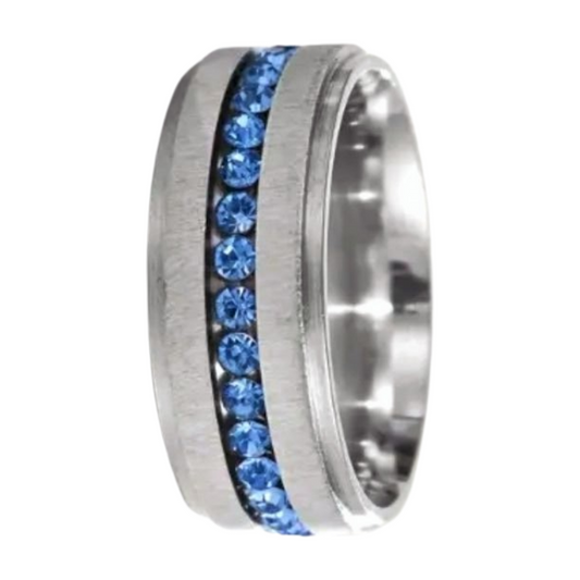 A stainless steel band ring with blue rhinestone accents.