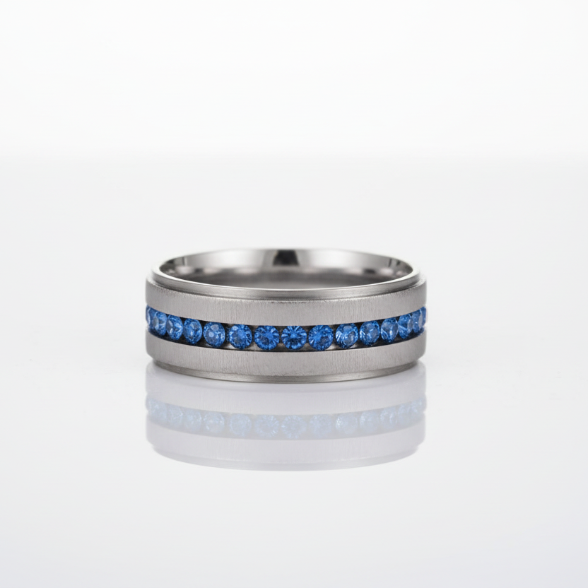 Blue Line Rhinestone Steel Ring