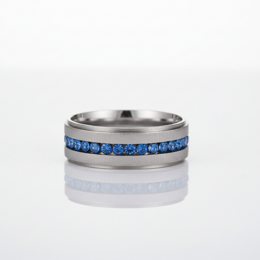 Blue Line Rhinestone Steel Ring