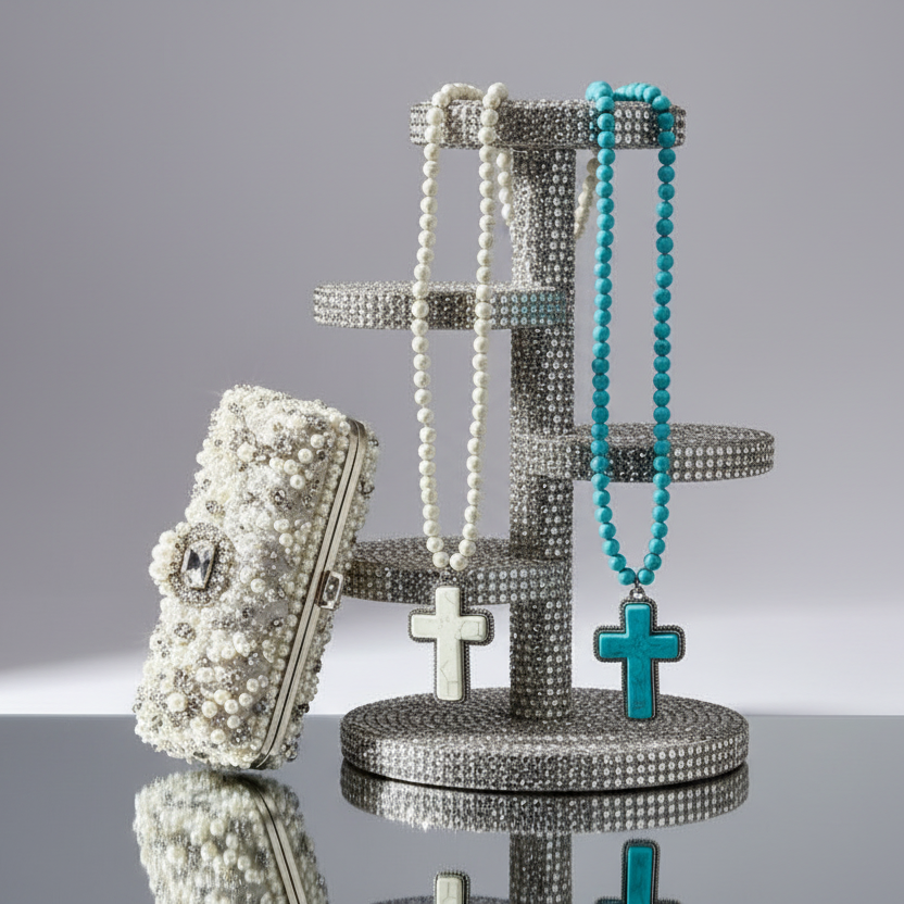 Turquoise Heart Cross Pendant Long Beaded Necklace