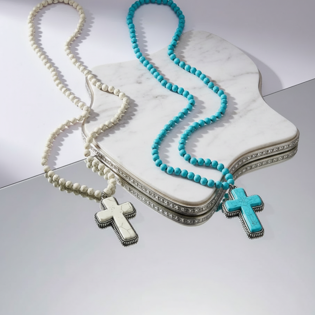 Turquoise Heart Cross Pendant Long Beaded Necklace