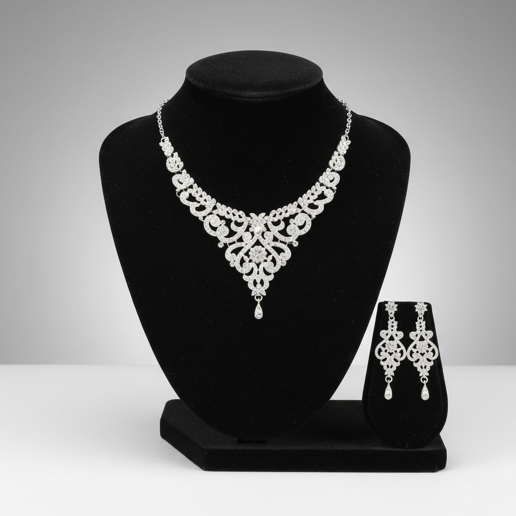 Jewelry set with necklace and earrings on a black stand against a gray background