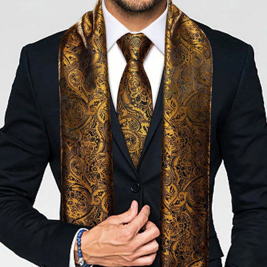 Gold Black Necktie Scarf Set