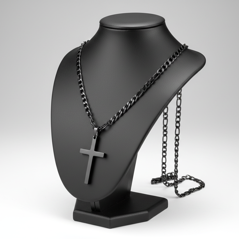 Black chain necklace with cross pendant on a black stand against a gray background