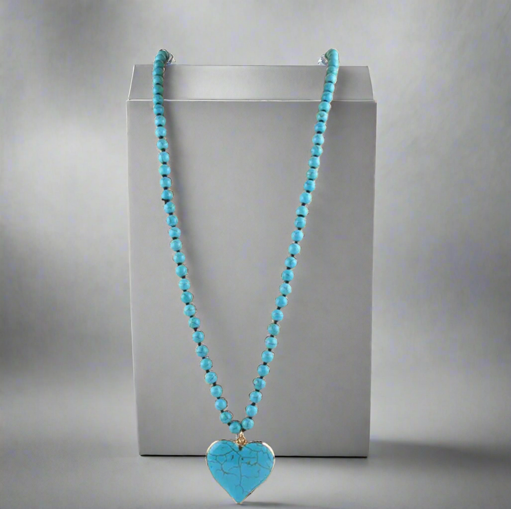 Turquoise Heart Cross Pendant Long Beaded Necklace