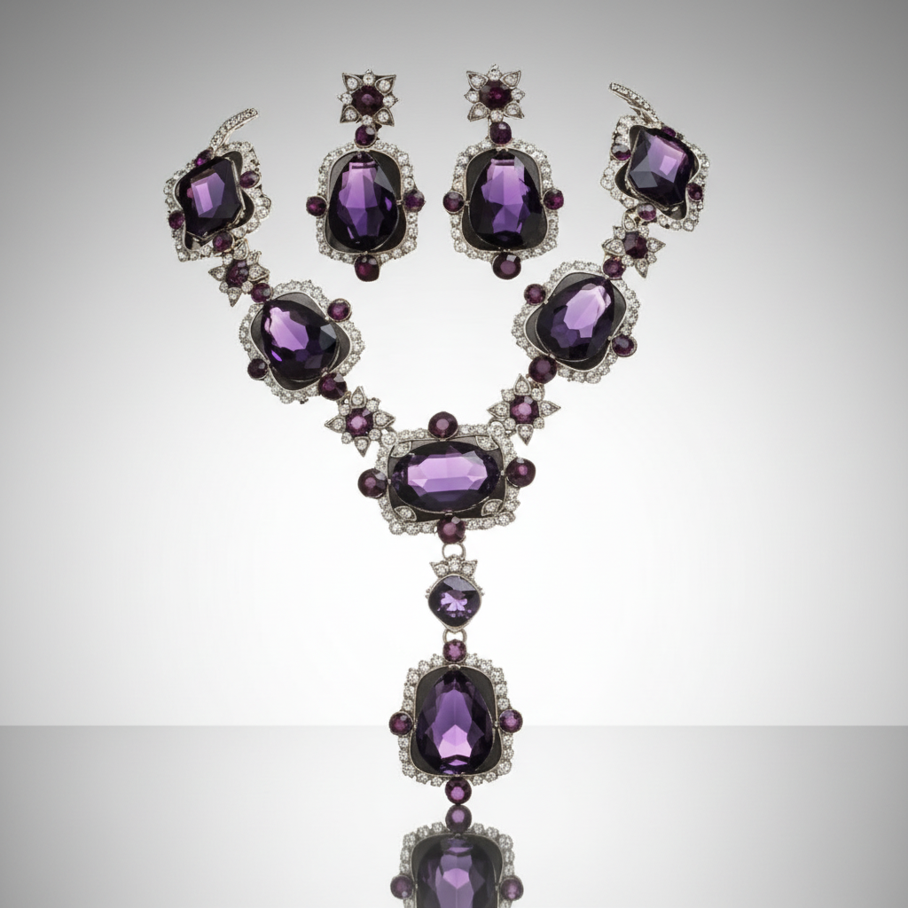 Jewelry set with purple gemstones on a gray background