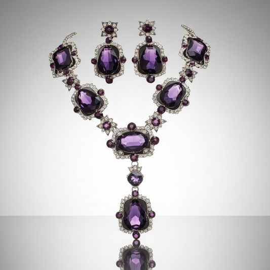 Jewelry set with purple gemstones on a gray background