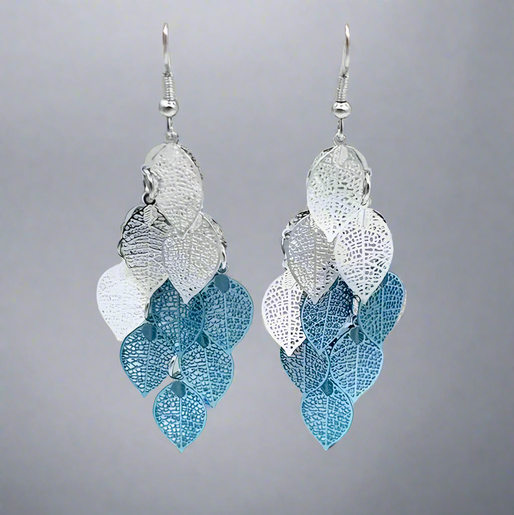 Blue Leaf Tassel Earrings