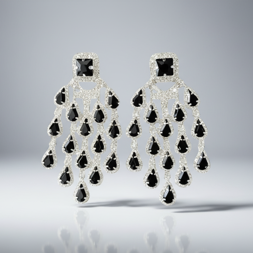 Black and silver chandelier earrings on a gray background