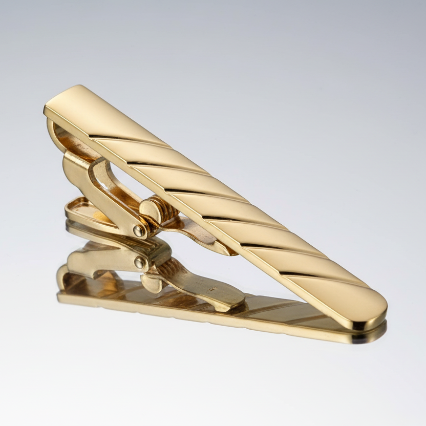 A gold tone tie clip with elegant stripes design, positioned diagonally.