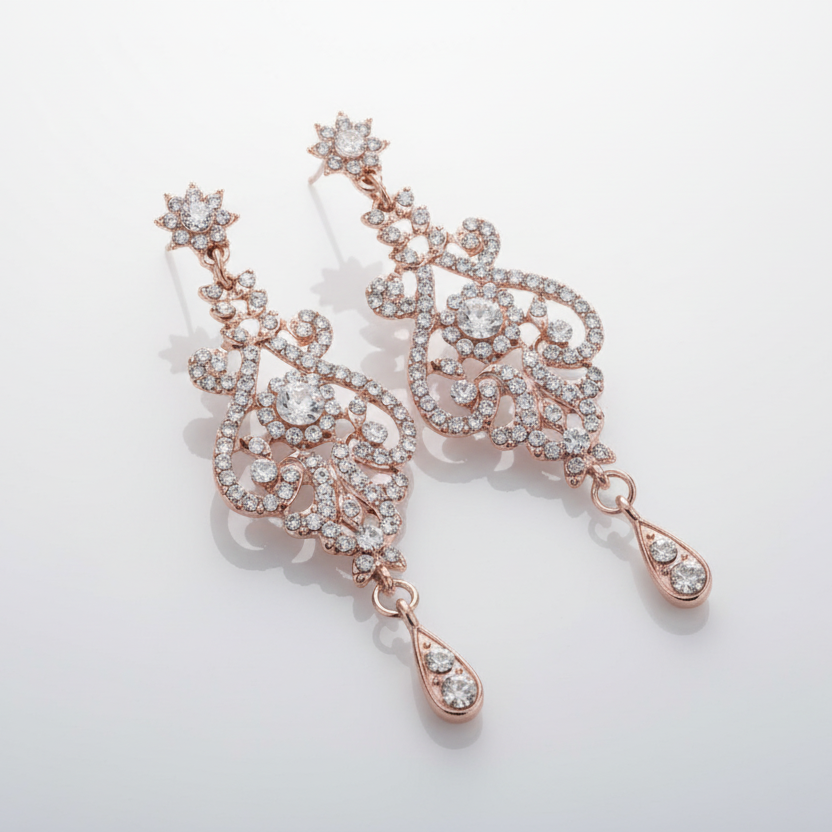 Rose gold earrings with intricate designs and clear gemstones on a light background