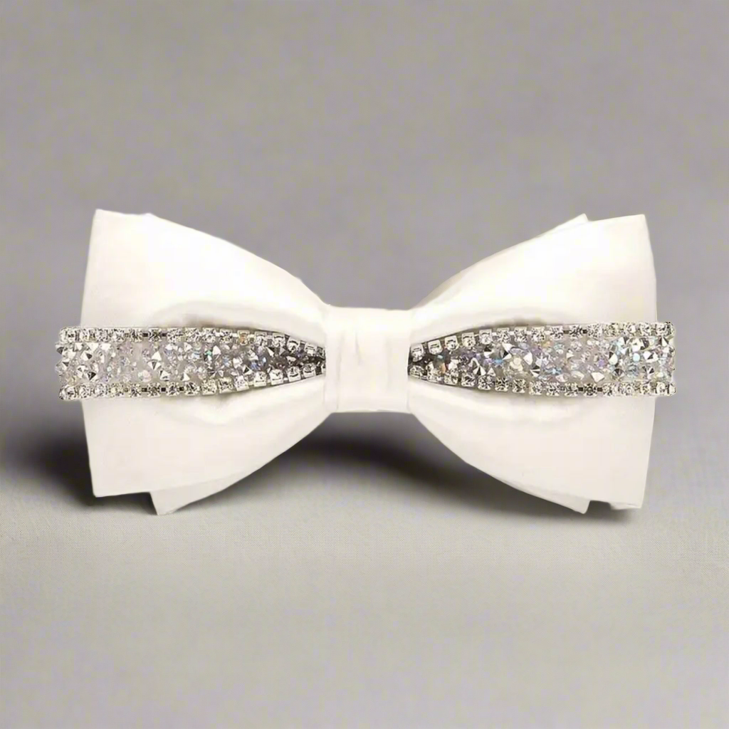 White Rhinestone Satin Bowtie