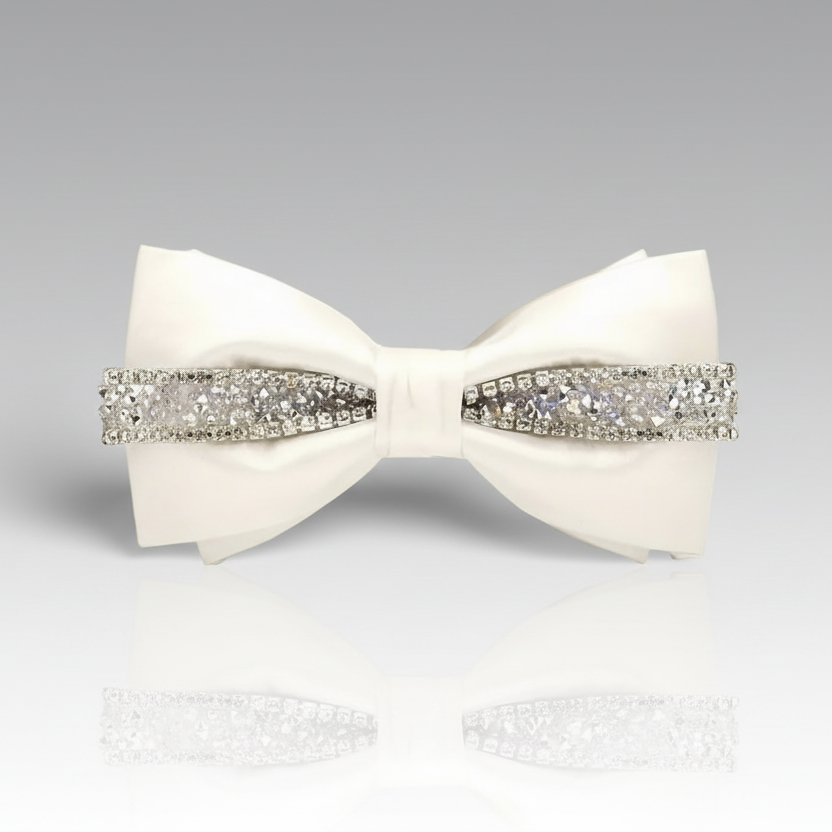 White Rhinestone Satin Bowtie