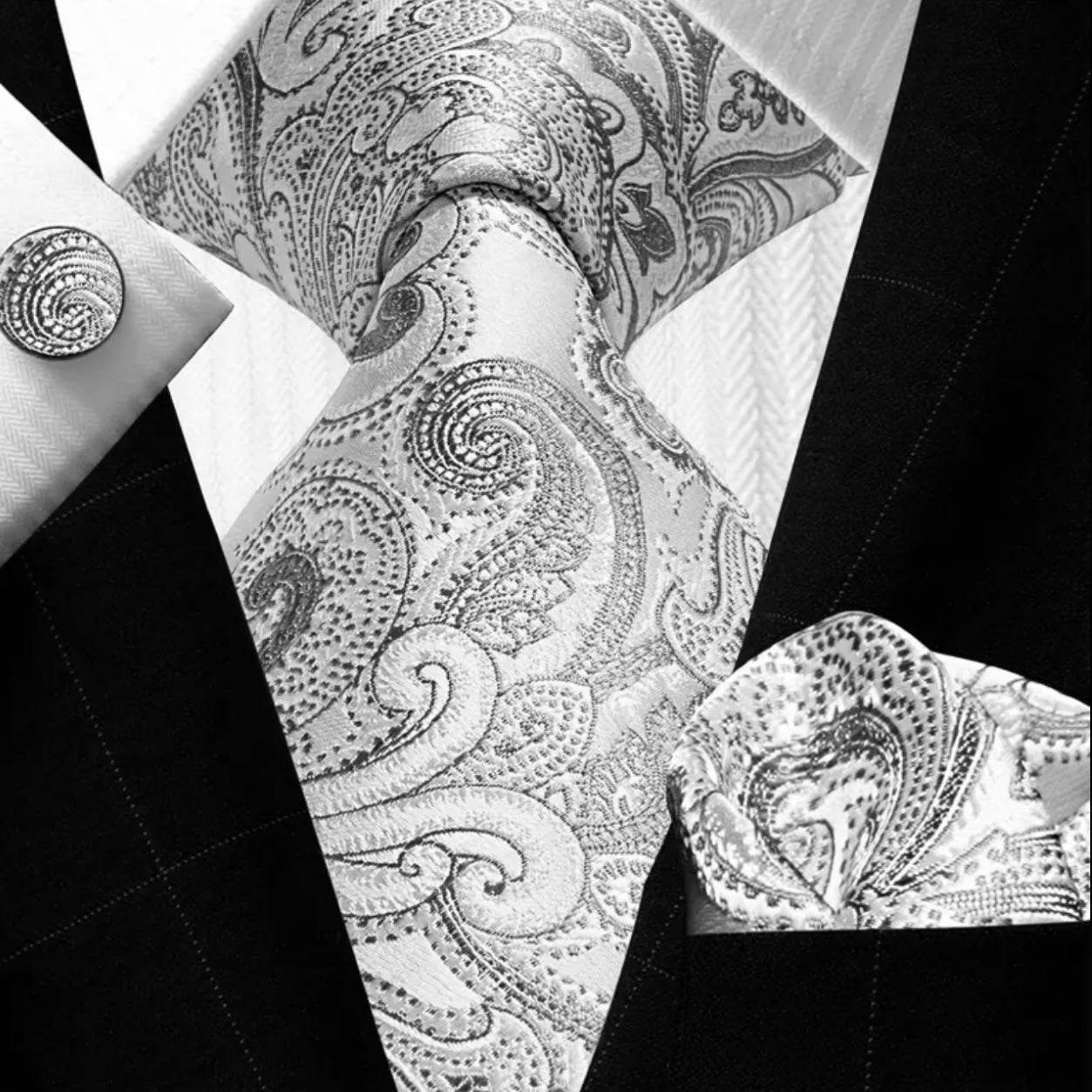 Silver Grey Paisley Necktie Set