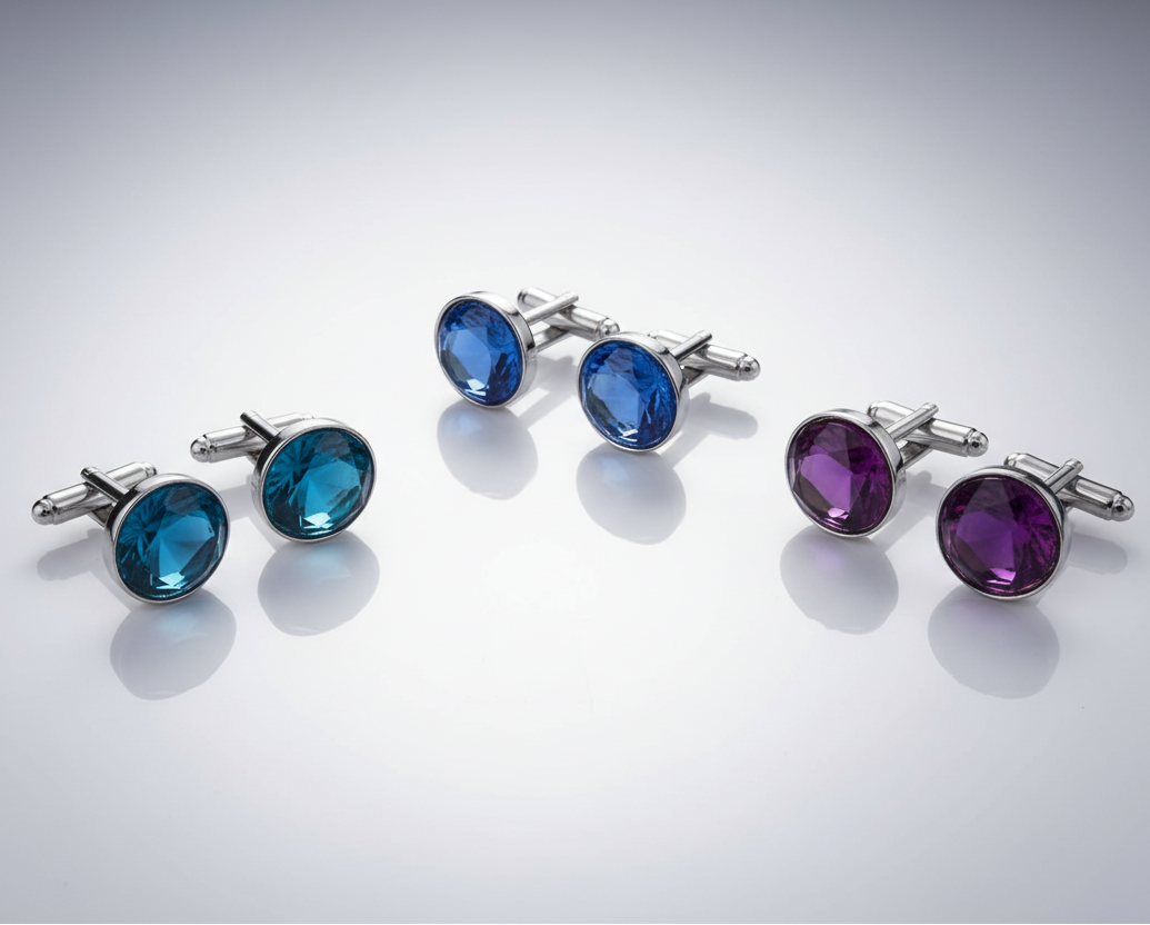 Set of silver cufflinks with blue and purple gemstones on a light gray background