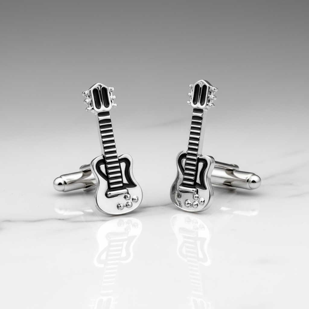 Guitar Cufflinks in Silver & Black