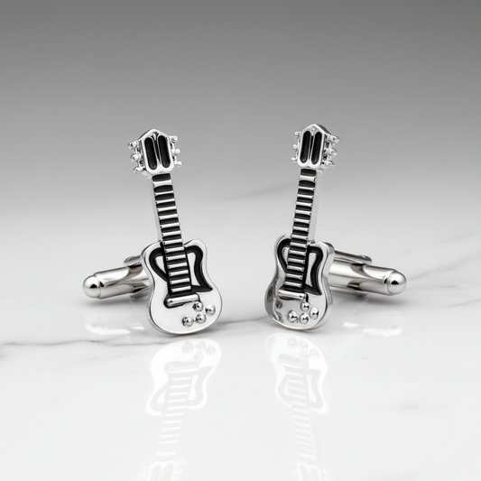 Guitar Cufflinks in Silver & Black
