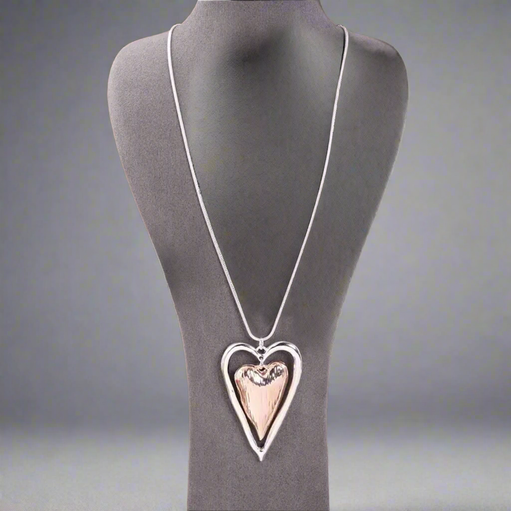 Rose Gold Silver Heart Long Necklace