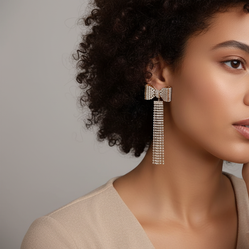 Woman wearing a large earring with a bow design on a neutral background
