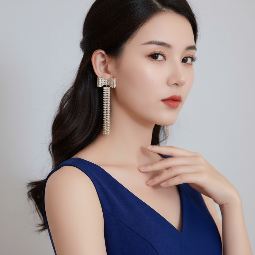 Woman wearing a blue dress and long earrings against a plain background