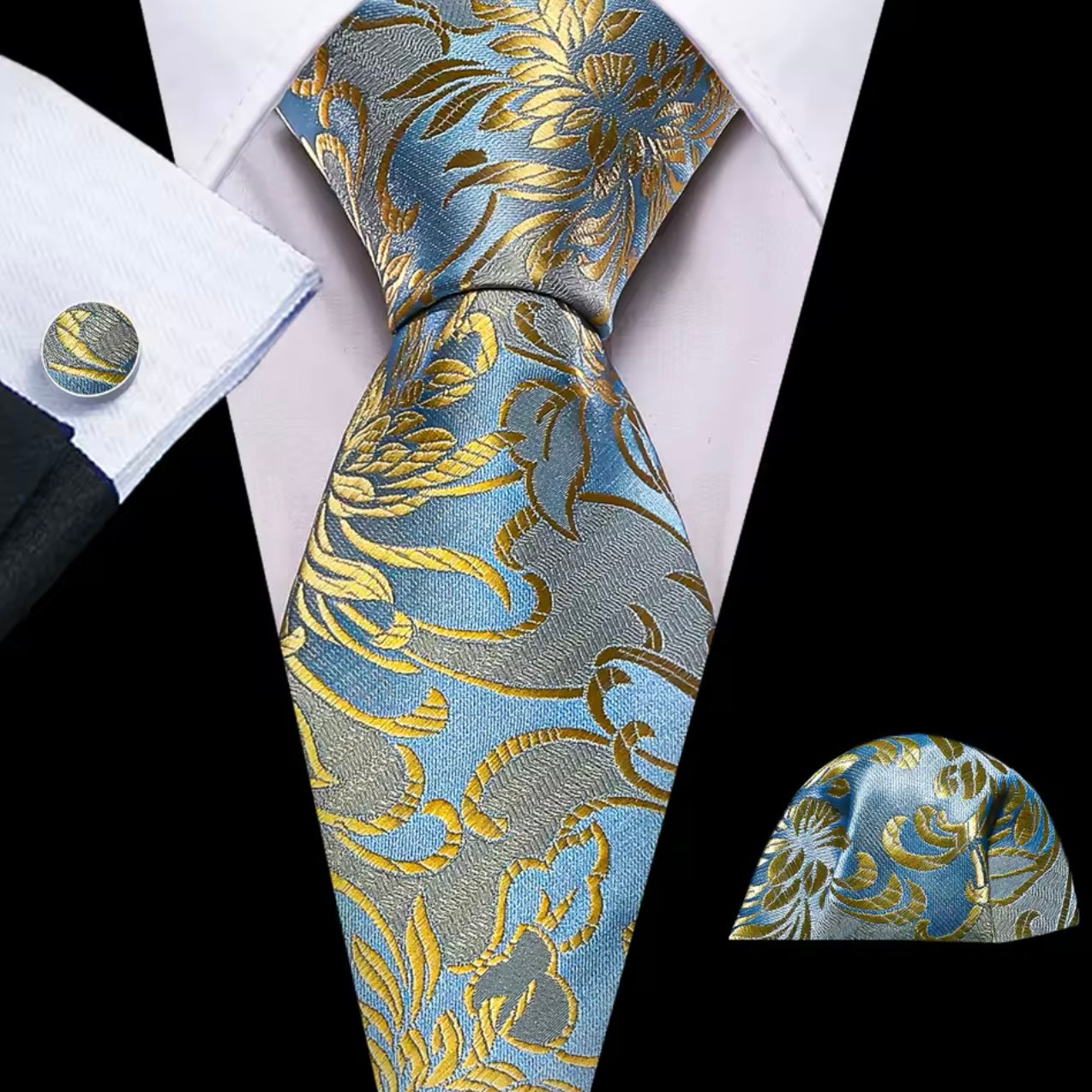 Blue Cornflower Gold Floral Necktie Set
